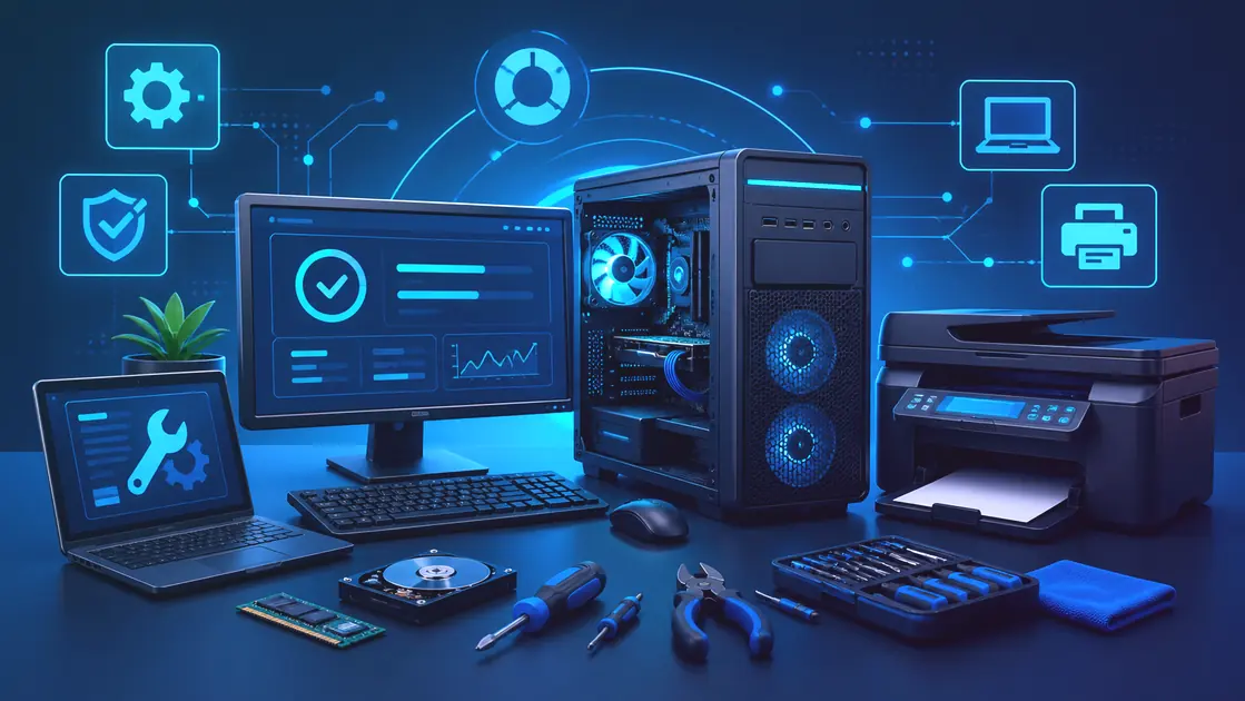 Ilustração de suporte a computadores, monitores e impressoras