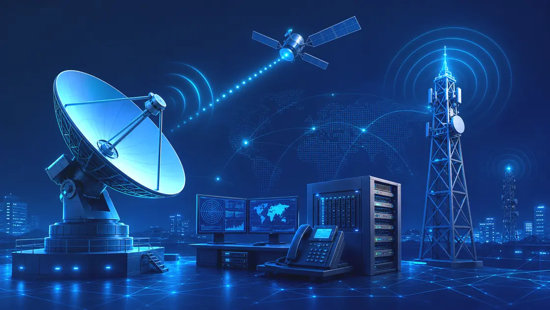 Ilustração de telecomunicações, satélite e rádio enlace